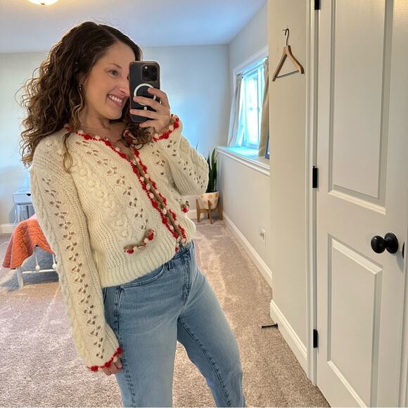 Maje White Red Brown Eyelet Alpaca Wool Cardigan Sweater 2 Medium - Picture 3 of 15